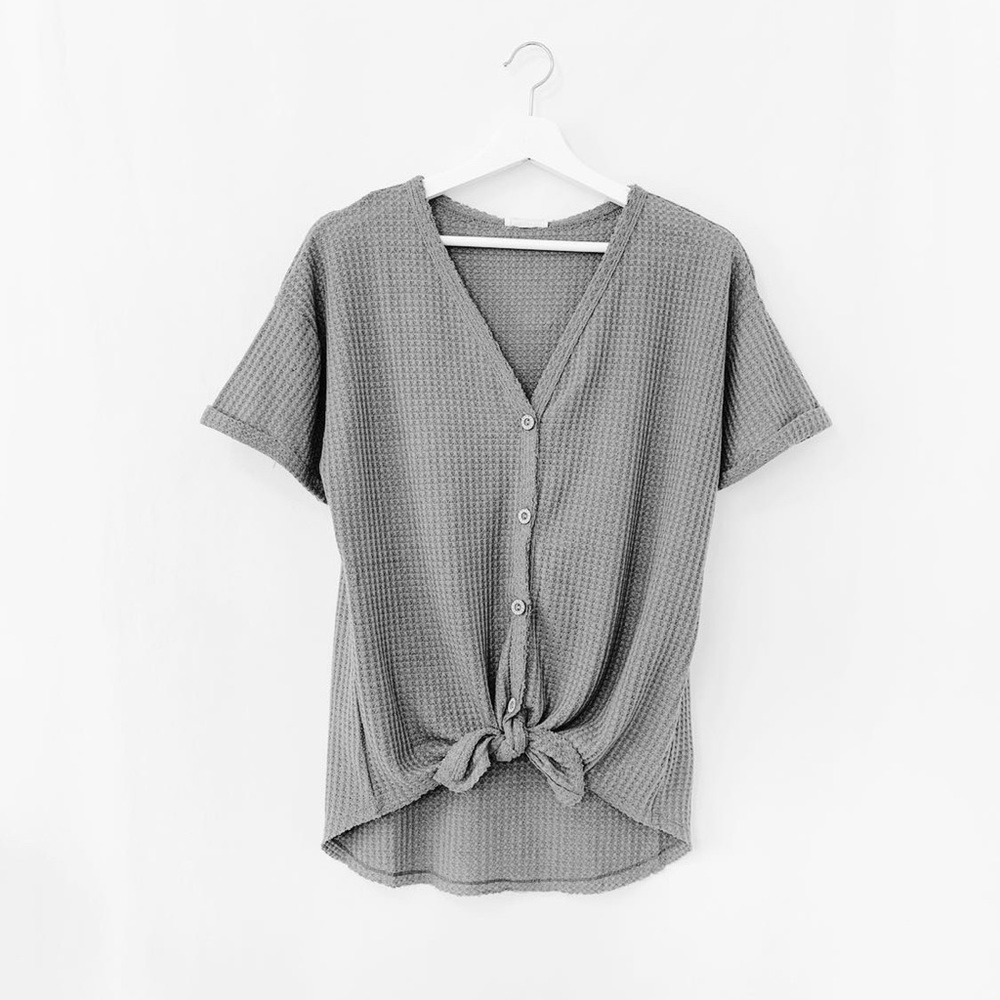 Tie Waffle Knit Top Dark Grey